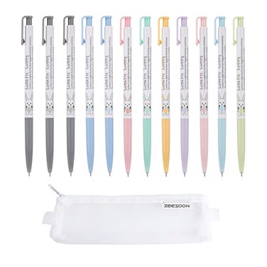 ZEESOON Xeno Slim Ball Point Pens 038mm Pack of 12 9 Color Mix Simple Pencil Pouch Additional