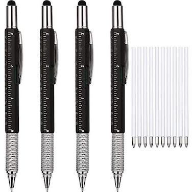 Zhanmai 4 Pcs Fathers Day Gift 6 in 1 Multitool Pen with Ruler Level Screwdriver Stylus and 10 Ink Refills Multi Tool Ballpoint Pen Gadgets Anniversary Birthday Gift for Dad Men Husband AdultBlack