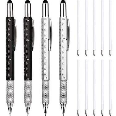 Zhanmai 4 Pcs Fathers Day Gift 6 in 1 Multitool Pen with Ruler Level Screwdriver Stylus and 10 Ink Refills Multi Tool Ballpoint Pen Gadgets Birthday Gift for Dad Men Husband AdultBlack Silver
