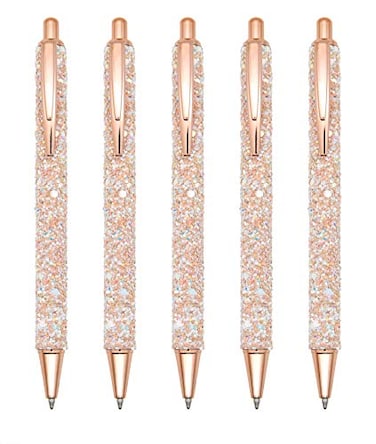 Gullor 5PCS Ballpoint Pens Glitter Click Ball Pens Black Ink Medium Point 1mm for Office Supplies Gift Wedding Birthday Gold