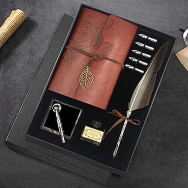 GCCL Quill Pen and Ink Set Antique Feather Dip Calligraphy Pen Set including Feather Pen 5 Replacement Nibs Pen Nib Base Notebook Ink Gift Box Best Gifts for Men Dad Grey