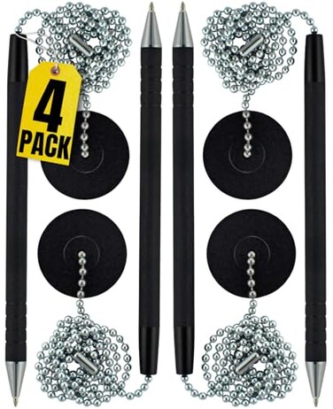 1InTheOffice Pen with Chain Counter Security Pen Adhesive Round Pad Black 4 Pack