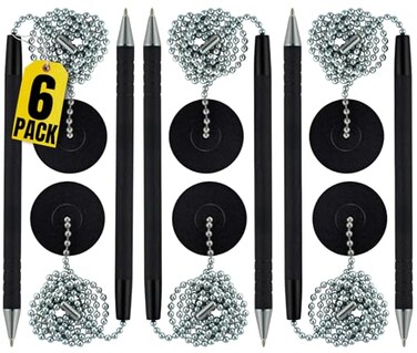 1InTheOffice Pen with Chain Counter Security Pen Adhesive Round Pad Black 6 Pack