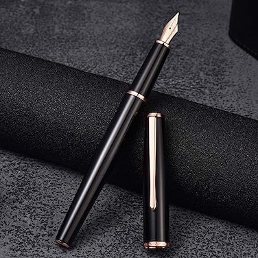 Asvine HongDian 920 Black Metal Fountain Pen Rose Gold Plated Extra Fine Nib Smooth Writing Pen Classic Pen with Ink Converter