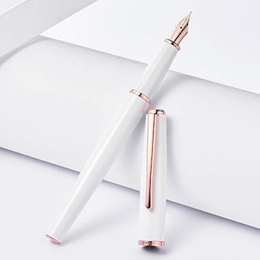 Asvine Hongdian 920 White Fountain Pen Rose Gold Plated Medium Nib Smooth Writing Pen Classic Pen with Ink Converter