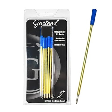 Garland Universal 1 Cross Compatible Ballpoint Pen Refill USA Made Archival Ink 10mm Medium Point Smooth Writing 5 Pack Blue