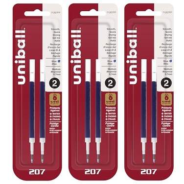 Uni-Ball UniBall Signo 207 Gel Pen Refills 07mm Medium Point Blue Ink Pack of 6