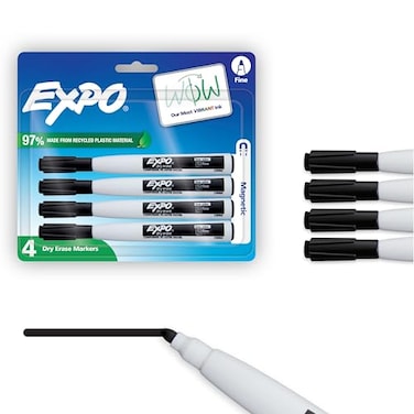 EXPO Magnetic Dry Erase Markers with Eraser Black Fine Tip 4 Count Back to School Teacher Supplies Home Organization