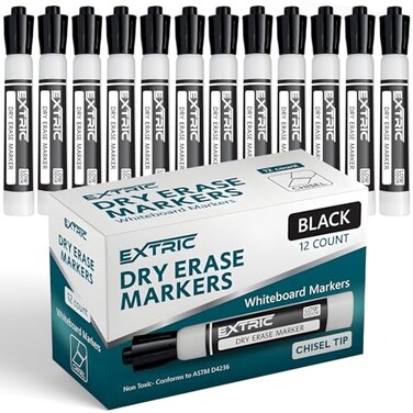 EXTRIC Black Dry Erase Markers 12 Count Whiteboard Markers Chisel Tip White Board Marker Dry Erase Low Odor Chisel Tip Erasable Markers