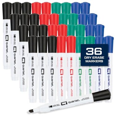 Quartet Dry Erase Markers Chisel Tip White Board Dry Erase Markers with DryGuard Ink Protection Office Essentials Black Red Blue Green 36 Pack Q120Z04R