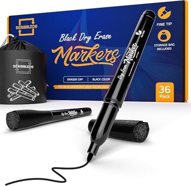 Scribbledo 36Pack Black Fine Tip Dry Erase Markers with Eraser Cap LowOdor Whiteboard Markers for Office Workplace Medical Professional Use