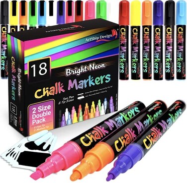 ArtShip Design 18 Neon Chalk Markers Double Pack of Fine and Medium Tip Liquid Chalk Pens Wet Erasable for Menu Boards Glass Windows Whiteboards Classrooms Mirrors Plastic