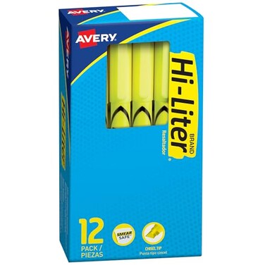 Avery HiLiter PenStyle Highlighters Smear Safe Ink Chisel Tip 12 Fluorescent Yellow Highlighters 23591