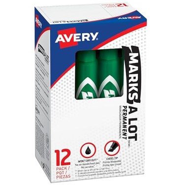 Marks-A-Lot Avery MarksALot Permanent Markers Regular DeskStyle Size Chisel Tip Water and Wear Resistant 12 Green Markers 07885