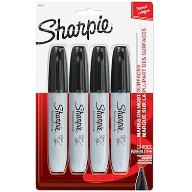 Sharpie Permanent Markers Large Chisel Tip Black 4 Count Marks on Paper Plastic Metal and More