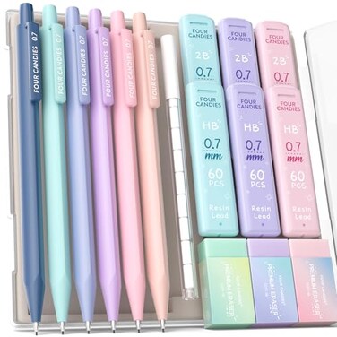 Four Candies 6PCS Cute Mechanical Pencil Set with 372 Leads Erasers 07mm Medium Point Pencils Mechanical with 360PCS HB 2B Lead Refills 12PCS Erasers Storage Case for Writing Drawing