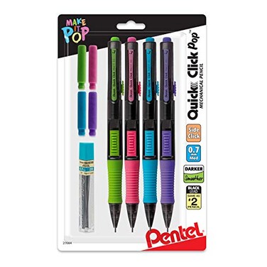 Pentel Quick Click Pop Mechanical Pencil 07mm Medium 2 Eraser Refills Pack of 4 PD217ALEBP4