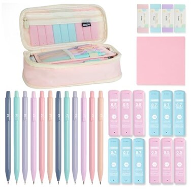 GUGUKUKU Aesthetic School Supplies with Cute Pencil Case 12x Pastel Mechanical Pencils 05 07mm with 720x HB Leads 4x Erasers and 1x Sticky Note Suitable for Writing Drafting Drawing Sketchingpink