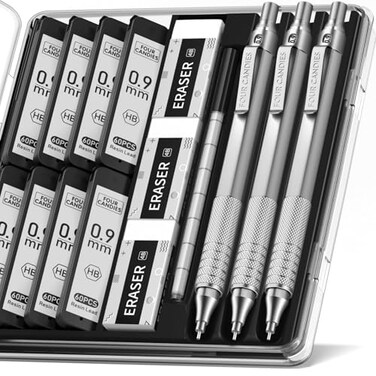 Four Candies 09mm Mechanical Pencil Set with Case 3PCS Metal Artist Lead Pencil with 8 Tubes 480PCS HB Lead Refills 3 Erasers 9 Eraser Refills For Engineer Art Writing Drafting Silver