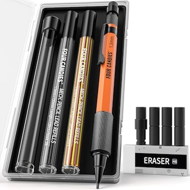 Four Candies 13mm Mechanical Pencil Set with 24 Lead Refills Metal Weatherproof Heavy Duty Outdoor Carpenter Pencil Eraser 6 Eraser Refills for Architect Drafting Woodworking Marking with Case