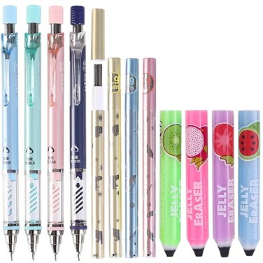 Ipienlee 09 mm Mechanical Pencil Stationery Set Including 4pcs Mechanical Pencils with 4 Tubes HB Lead Refills and 4pcs Jerry Erasers for Writing Draft Drawing Sketch Architecture