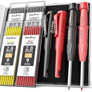 Nicpro 2 Pack Carpenter Pencils with Sharpener CP3000 Mechanical Carpenter Pencils with 38 Refills Heavy Duty Construction Pencil Woodworking Tools for Architect Marking Black Red With Case