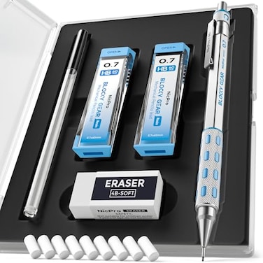Nicpro Blocky Gear 07 mm Mechanical Pencil Metal Drafting Pencil with Eraser and 120 HB Lead Refills Professional Drawing Pencil for Artists Students School Writing Sketching