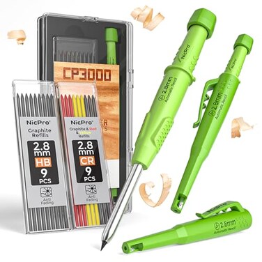 Nicpro CP3000 Carpenter Pencil with Sharpener 28 mm Mechanical Pencils with 19 Refills Deep Hole Marker for Construction Heavy Duty Woodworking Pencil Carpenter Tools for Architect MarkingGreen