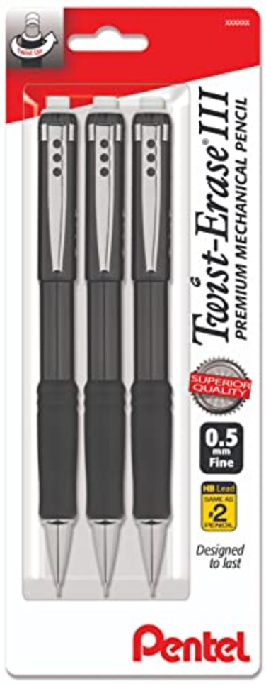 Pentel Mechanical Pencil 05 mm Twist Erase III Twist Up Eraser PreLoaded Super HiPolymer HB Lead Black Barrel 3Pack