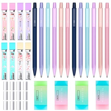 Yexiya 36 Pcs Mechanical Pencil Set 12 Pastel Cute Mechanical Pencils with 8 Tubes HB Resin Refills 4 Pcs Erasers and 12 Cap Eraser Refills for Writing05mm