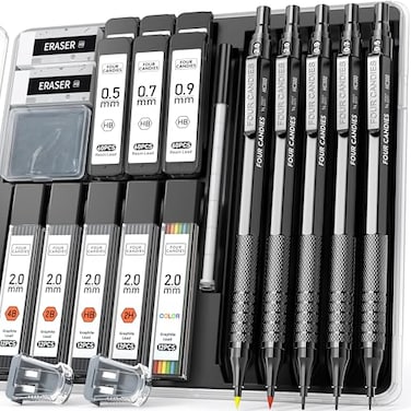 Four Candies Metal Mechanical Pencil Set 3PCS Art Drafting Pencils 05 07 09MM 2PCS 2MM Mechanical Drawing Pencils with 420PCS Leads 4B 2B HB 2H Color for Writing Sketching Drawing Black