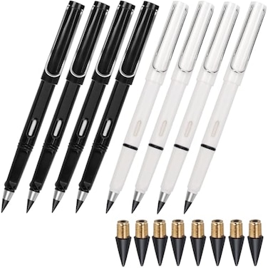 BFANGZ Infinity Forever Pencil 07mm Infinite Everlasting Metal Inkless Pencils Set with Eraser No Need Sharpened Replace Mechanical Pen for Sketch Drawing and Writing8Pcs Black White