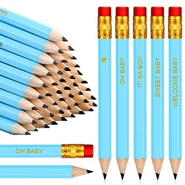 Crtiin 50 Pieces Baby Shower Pencils for Activities Mini Golf Half Pencils Presharpened with Erasers 4 InchBlueBoy Style