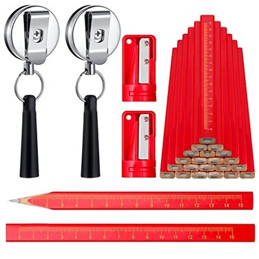 Honoson 24 Pieces Carpenter Pencils 7 Inches Octagonal Hard Black Construction Flat Pencils with Retractable Pen Holder and Sharpener for Woodworking MarkingRed Cover Black Refill