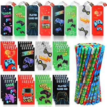 Kolewo4ever 148 Pieces Video Game Theme Stationery Set100 Pcs Video Game Pencils 24 Pcs Game Pattern Mini Spiral Notepad Memo Pad 24 Pcs Game Metal Charms Bookmarks Video Game