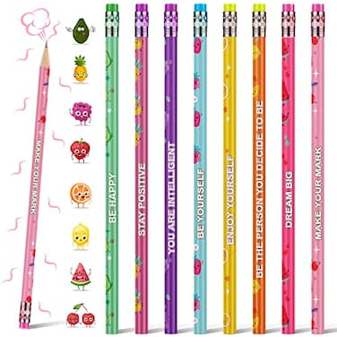 Leinuosen 48 Pcs Scented Pencils for Kids Cute Motivational Colorful Fun Wood HB Pencils Bulk with Erasers Fruit Elements for School Office Classroom Student