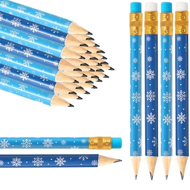 Whaline 50Pcs Winter Pencils with Erasers 2 Styles Dark Blue And Light Blue Short Writing Pencils White Snowflake Xmas Half Pencils for Home Office School Supplies4 In