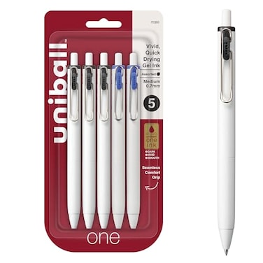 Uni-Ball uniball one Retractable Gel Pens Medium Point 07mm Black and Blue Ink 5 Pack