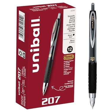 Uni-Ball uniball 207 Retractable Gel Pens Micro Point 05mm Black 12 Pack