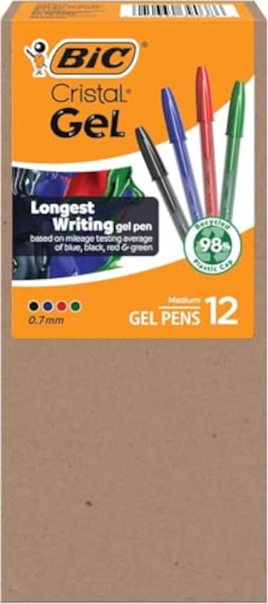 BIC Cristal Gel Pens Medium Point 07 mm Ultra Smooth Long Lasting Writing Assorted Color Gel Pens 12Count