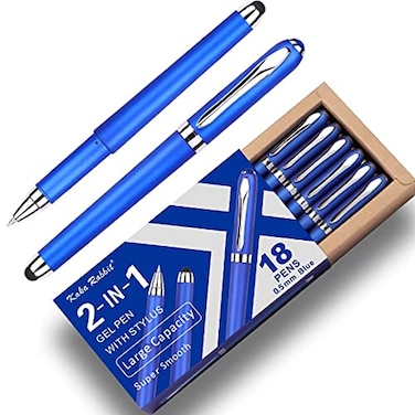KAKA RABBIT Gel Ink Rollerball Stylus Pen 18 Pack05mm Fine Point2 in 1 Capacitive Stylus PenLarge Capacity Blue InkWriting Smoothly for OfficeBusinessGiftMetal Silver Clip