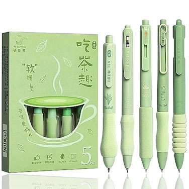 LSLSHY Cute Gel Pens 5Pcs Retractable Quick Dry Ink Pens 05mm Fine Point Black Ink Kawaii Smooth Writing Pens for School Office Supplies Aesthetic pretty pens Green tea