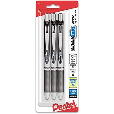 Pentel EnerGel RTX Retractable Liquid Gel Pen 03mm Extra Fine Line Needle Tip Black Ink Pack of 3 BLN73BP3A