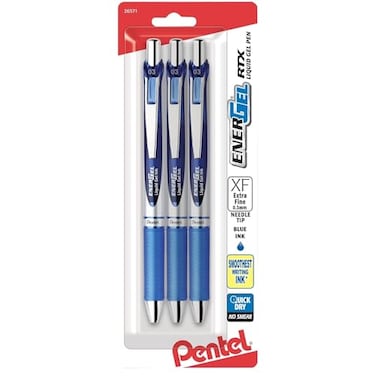 Pentel EnerGel RTX Retractable Liquid Gel Pen 03mm Needle Tip Extra Fine Line Blue Ink Pack of 3 BLN73BP3C