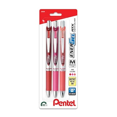 Pentel EnerGel RTX Retractable Liquid Gel Pen 07mm Journaling Hue Red Pink and Coral Ink Pack of 3 Pens BL77RBJBP3M