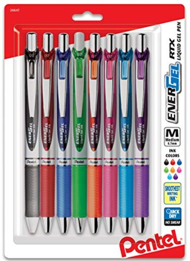 Pentel EnerGel RTX Retractable Liquid Gel Pen 07mm Metal Tip Medium LineAssorted Ink 8Pk BL77BP8M1