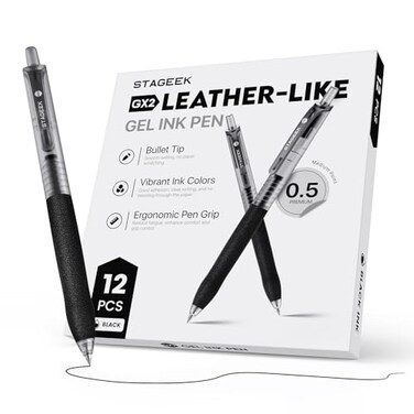 STAGEEK 05mm Gel Pens Fine Point Smooth Writing Pens 12PCS Black Ink Pens Retractable LeatherLike Black Gel Pens Business Gel Pen for Journaling Writing School Office Use Black