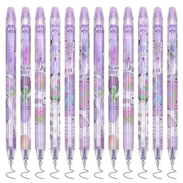 Temiary 12Pcs Cute Erasable Gel Pens Make Mistakes Disappear 05mm Fine Point Smooth Writing for Planner Puzzles Blue Ink No Smudge for School Office Supplies Purple