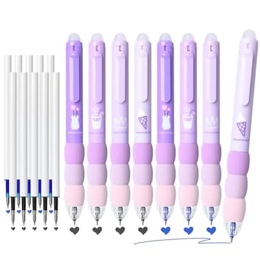 Temiary 18Pcs Aesthetic Retractable Erasable Gel Pens Make Mistakes Disappear 8 Pens 10 Refills Cartoon Smooth Writing Pen 05 mm Black Blue Ink Pen Office School Supplies Purple Theme