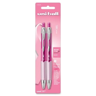 Uni-Ball Uni Ball Signo 207 Pink Ribbon Gel Pen Medium Pen Point Type 07 mm Pen Point Size Black Ink Silver Barrel 2 Pack Pink Barrel